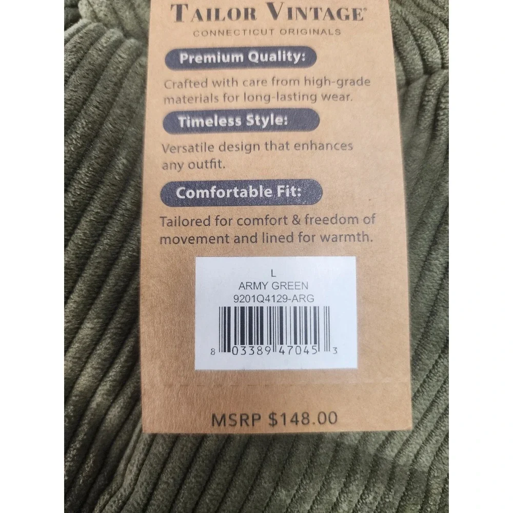 Tailor Vintage Mens L Corduroy Puffer Vest Army Green Full Zip Pockets Outerwear